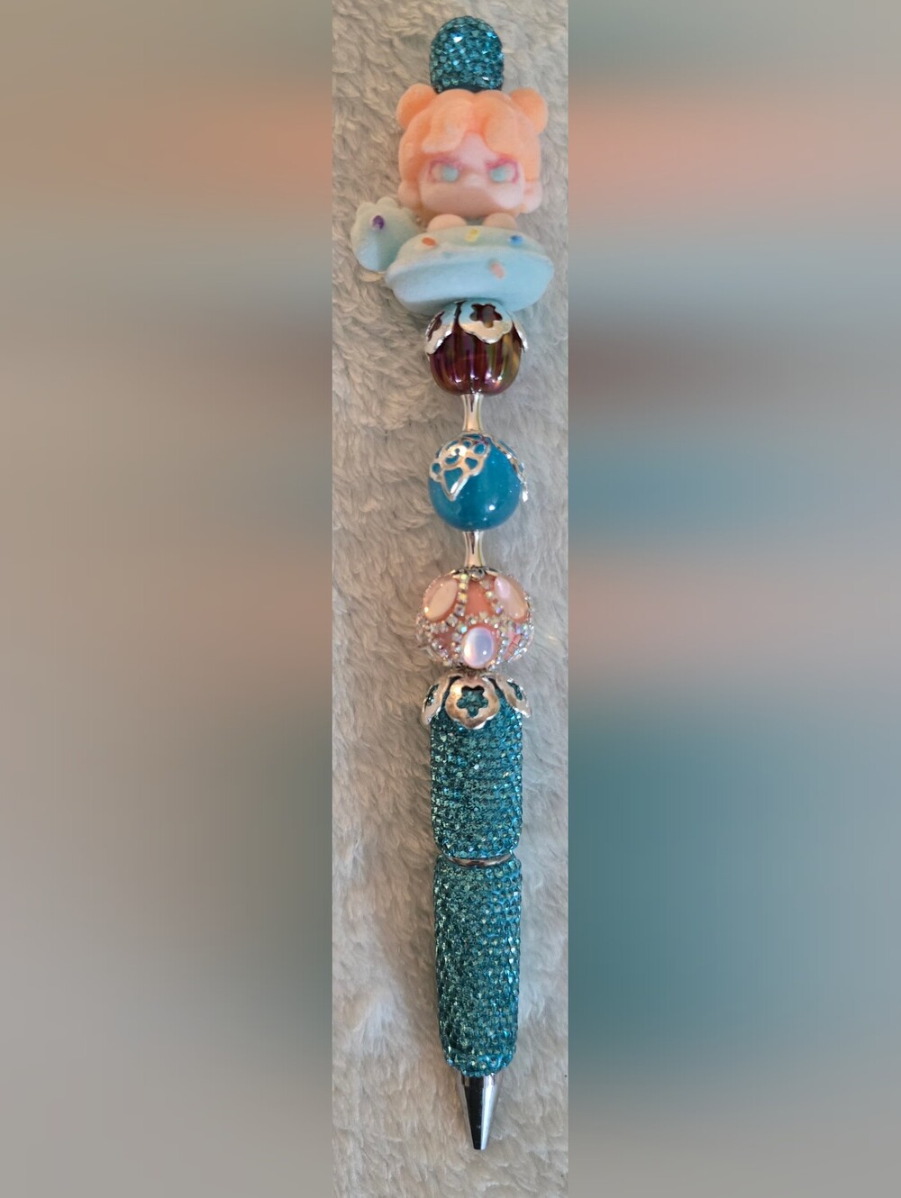 Teal and Peach Beaded Pen - Girl With Pool Float